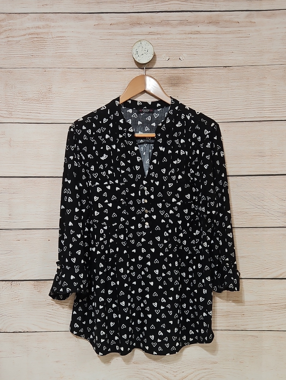 💟 Cocomo Black Top with White Heart Print 3/4 Sleeve Blouse XL